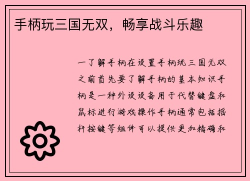 手柄玩三国无双，畅享战斗乐趣