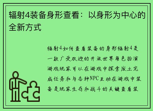 辐射4装备身形查看：以身形为中心的全新方式