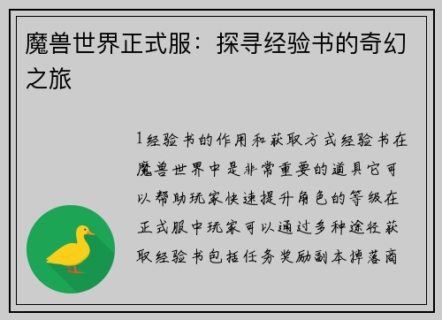 魔兽世界正式服：探寻经验书的奇幻之旅